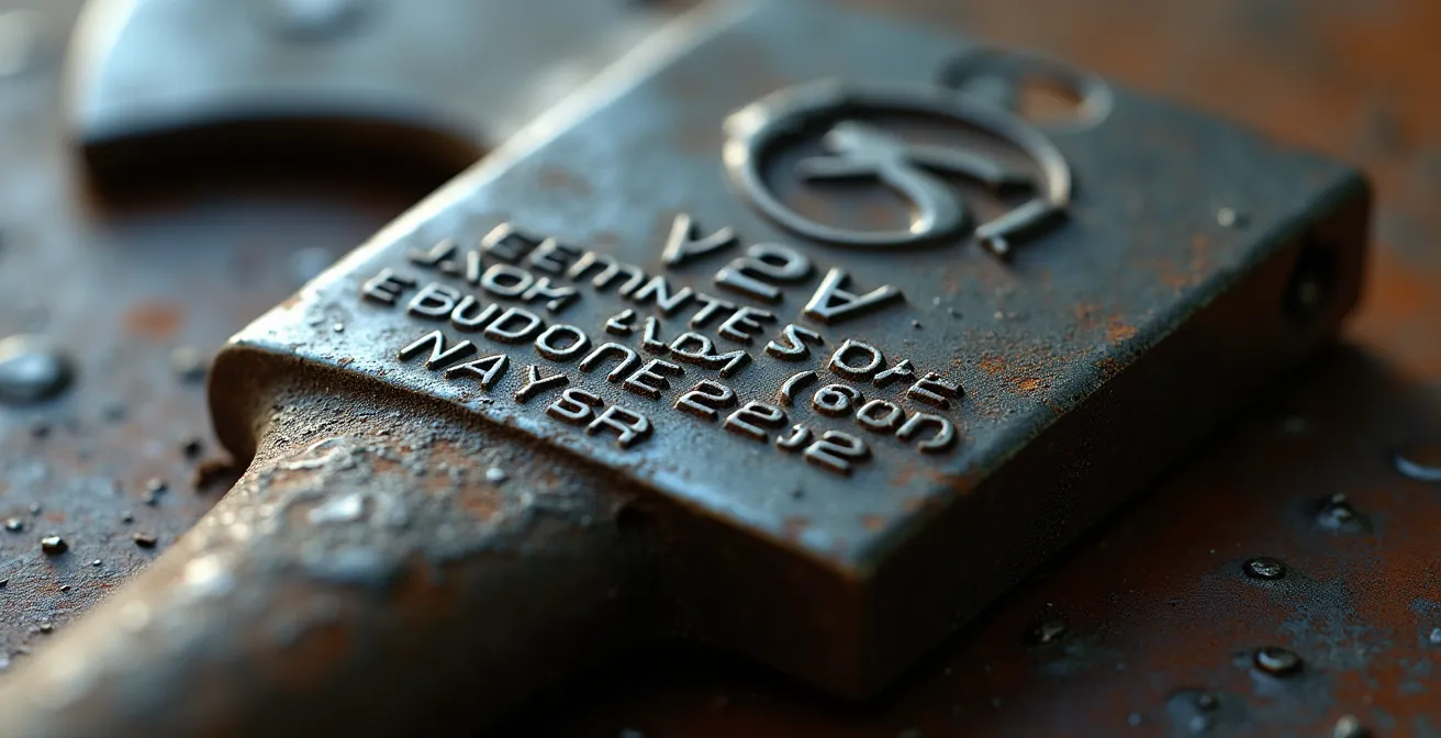 Détail macro d'une plaque d'identification gravée sur pièce métallique montrant numéros de série et date code texturés