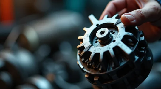 Gros plan d'une main inspectant une pièce automobile d'occasion avec loupe, montrant les détails texturés et indices de fiabilité