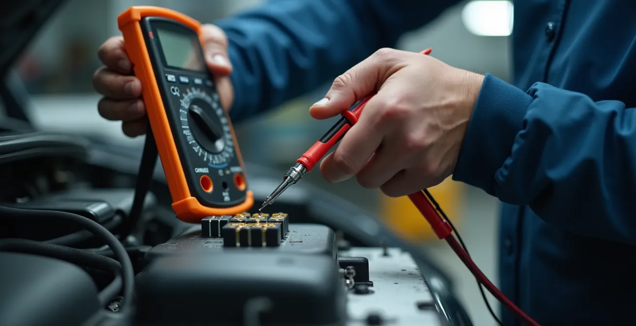Main tenant multimètre numérique contactant connecteur de pièce électronique, environnement atelier minimaliste