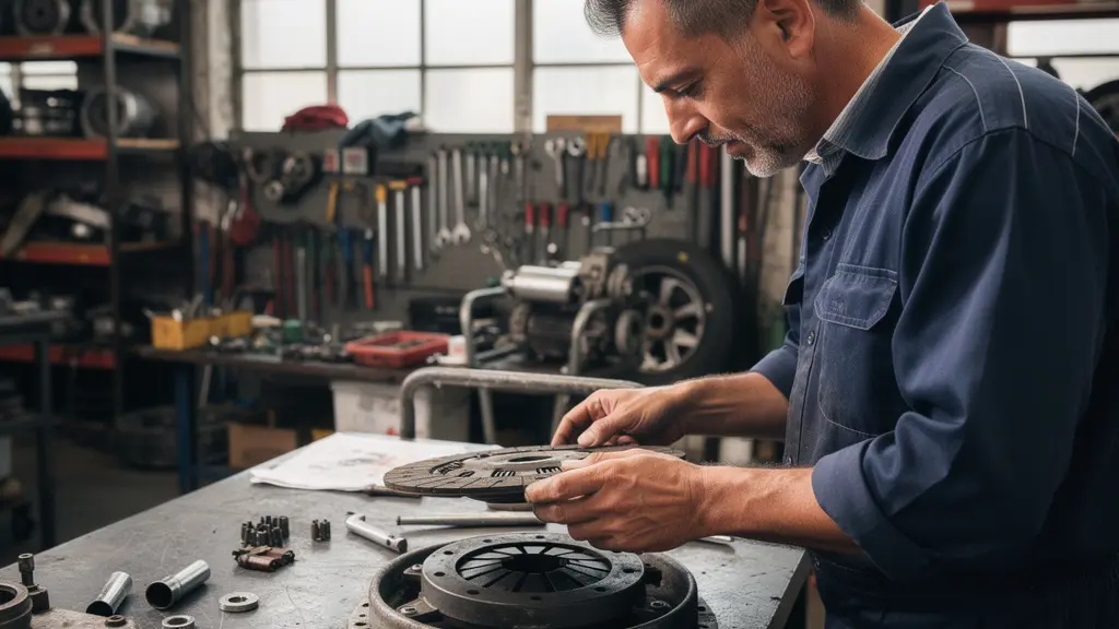 Technicien inspectant un disque d'embrayage usagé en atelier de regarnissage