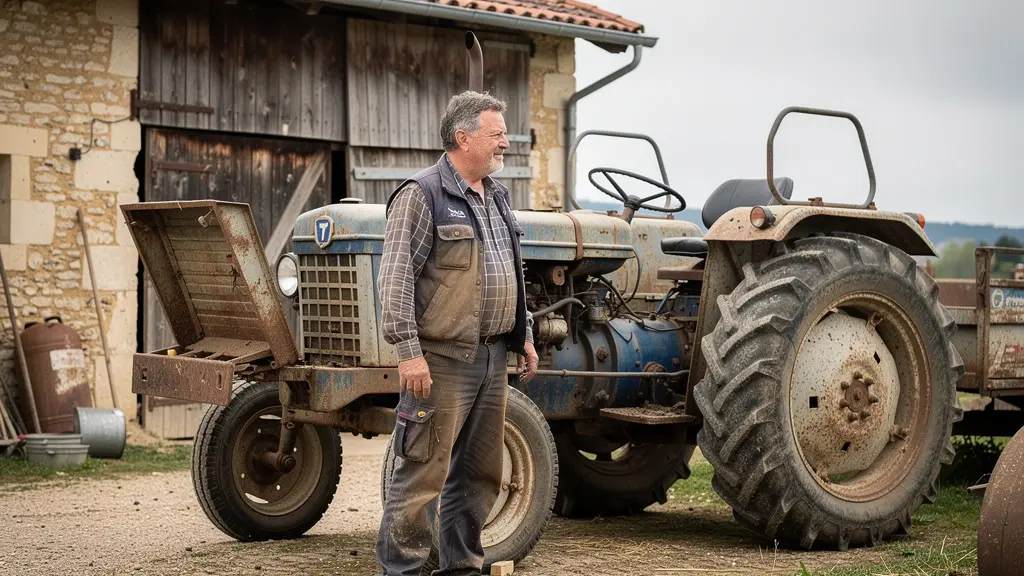 Agriculteur inspectant son tracteur ancien dans une cour de ferme française