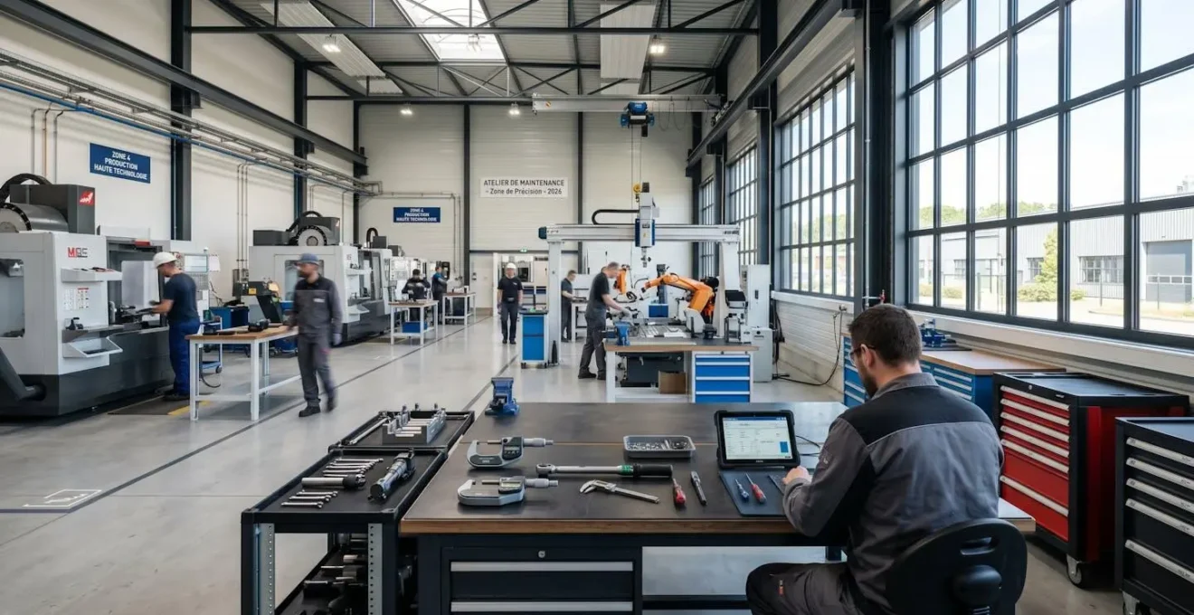 Atelier de maintenance industrielle moderne avec établi équipé, outils de précision et machines de production visibles en arrière-plan sous lumière naturelle
