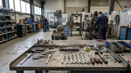Atelier de maintenance industrielle moderne avec établi équipé, outils de précision et machines de production visibles en arrière-plan sous lumière naturelle