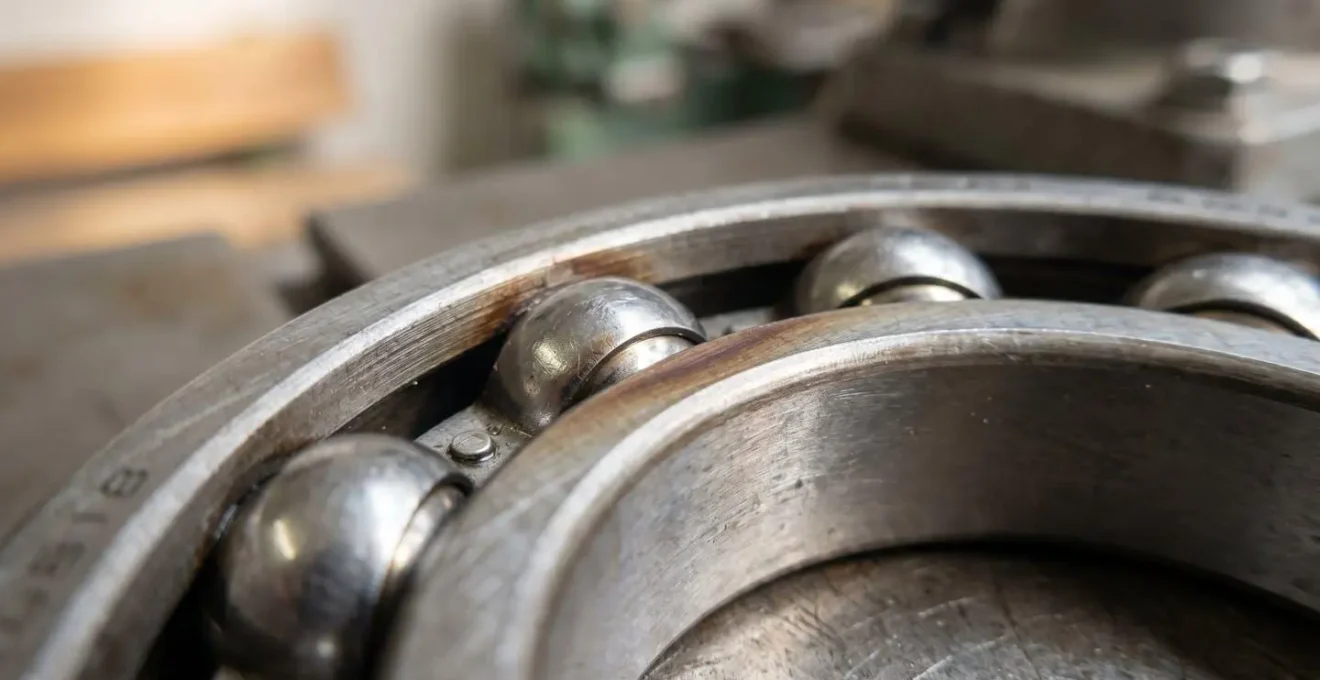 Gros plan extrême sur un roulement à billes industriel montrant des traces de décoloration brunâtre sur les bagues, signe de surchauffe passée, avec billes métalliques visibles