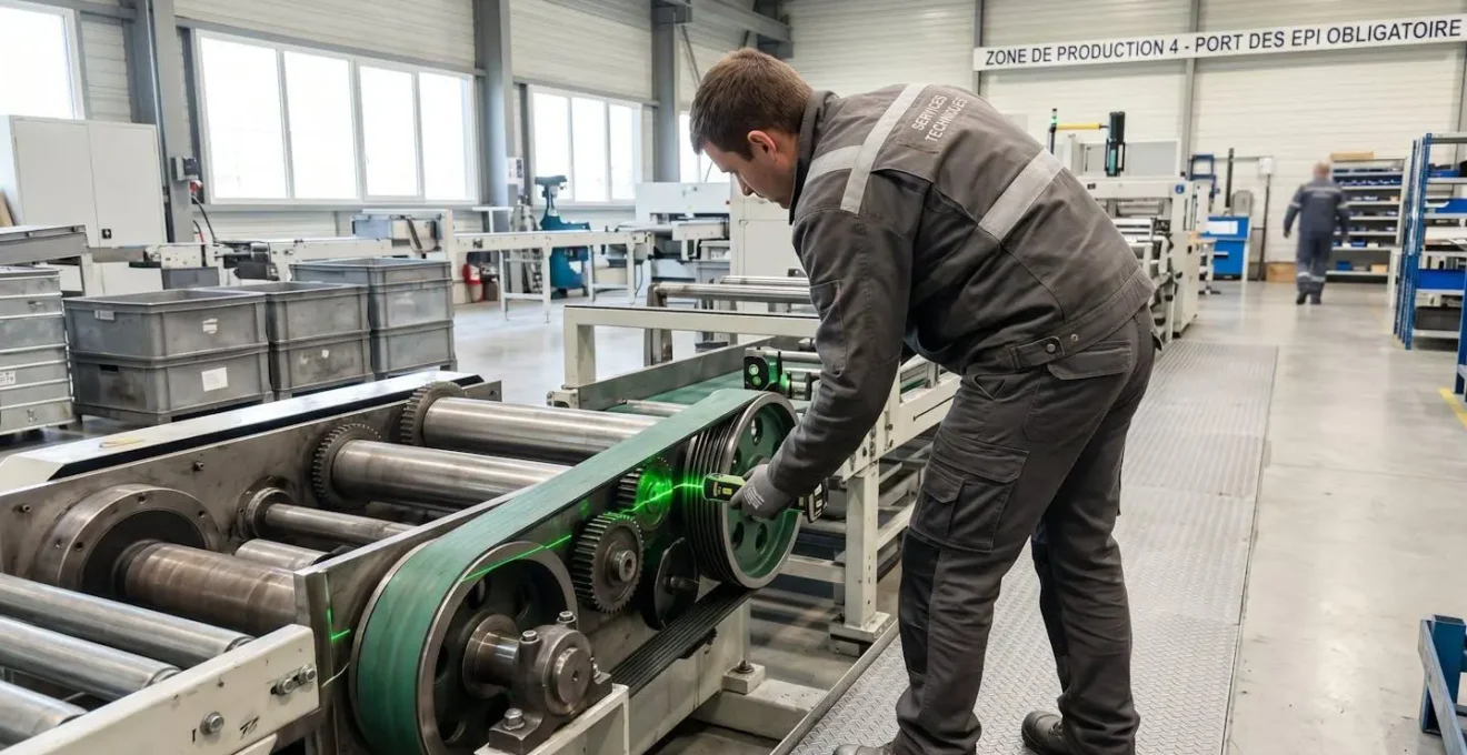 Technicien de maintenance en vêtements de travail contemporains vérifiant l'alignement d'une courroie de transmission avec un outil de mesure laser, photographié de dos dans un atelier moderne