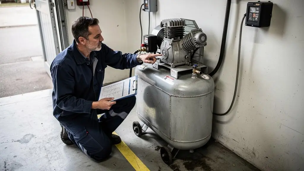 Un gérant d'atelier inspecte la cuve et la soupape de sécurité d'un compresseur d'air en tenant une fiche de contrôle.