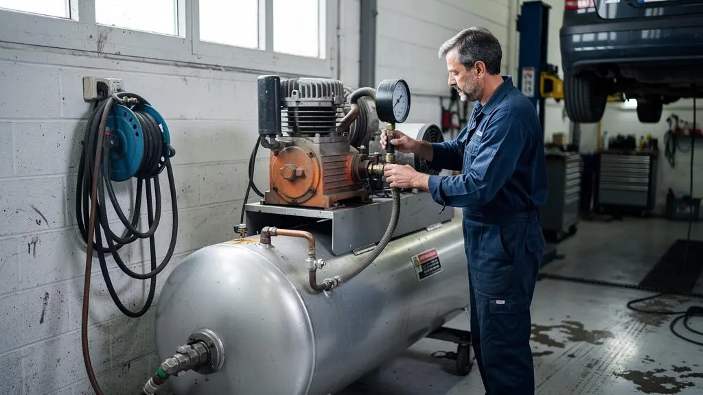 Un mécanicien vérifie le manomètre d'un compresseur d'air professionnel équipé d'une cuve, dans un atelier de mécanique.